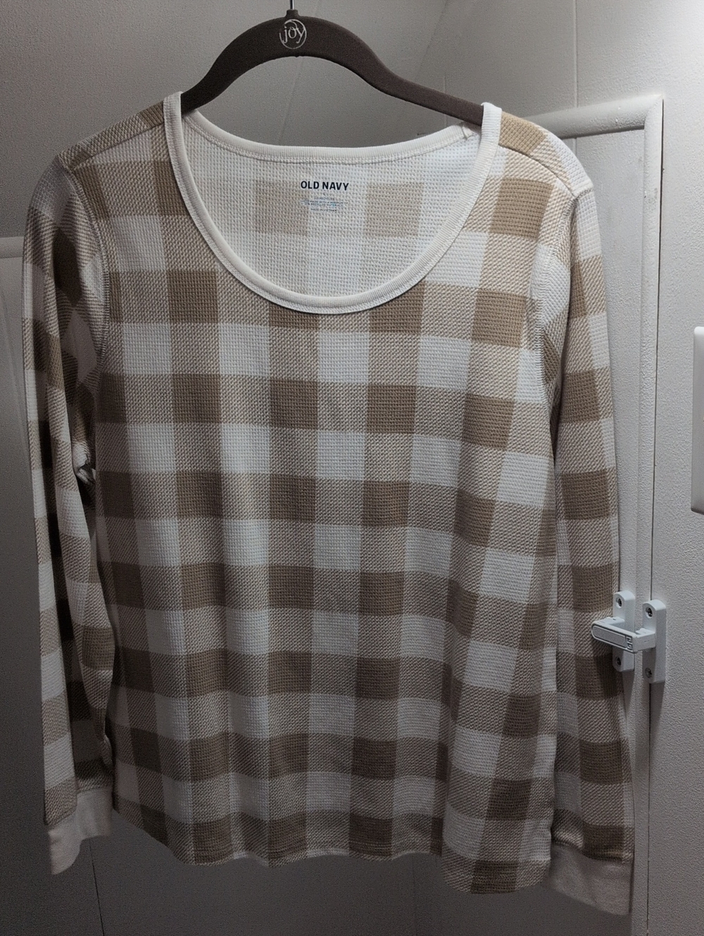 Old Navy Beige and Cream Buffalo Check Waffle Long-Sleeve Top